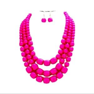 Chunky Pink Fuchsia Magenta Bead Pearl Long Multi Layered Strand Necklace Set